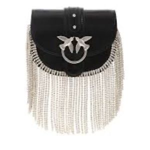 Pinko Fringe Rhinestone Go Round Baby Black Handbag